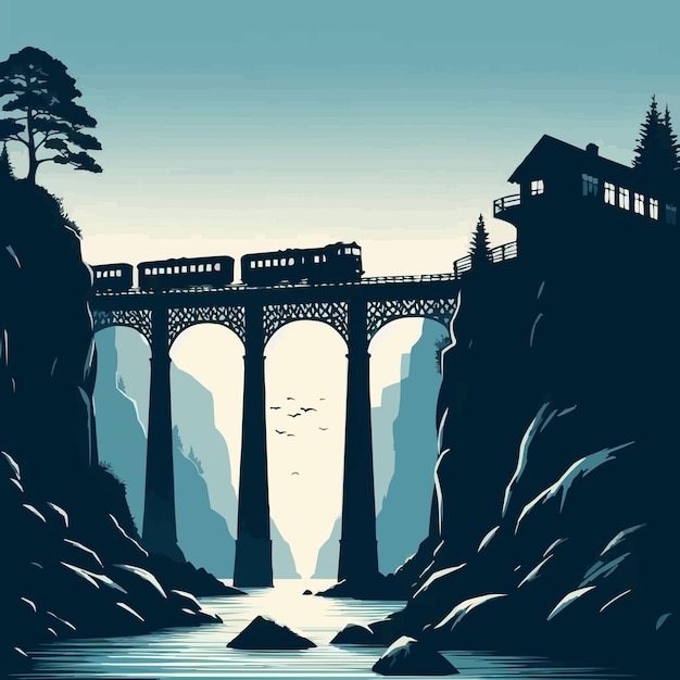 Vecteur silhouette libre de la conception de la falaise de passage du train par l'illustration vectorielle du pont