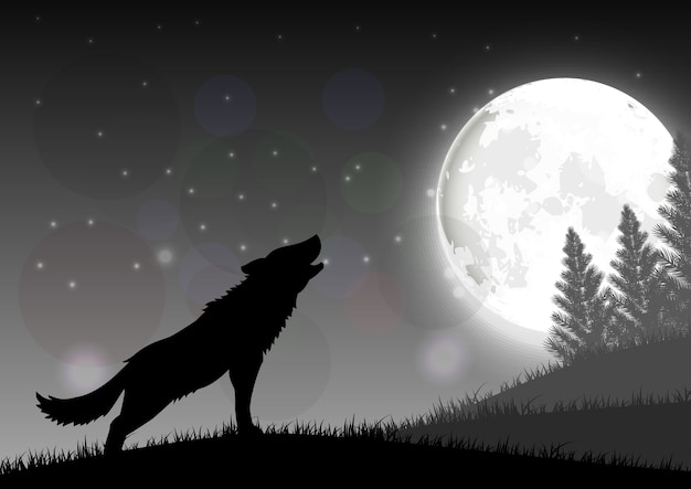 Vecteur silhouette d'un loup debout sur une colline la nuit avec la lune