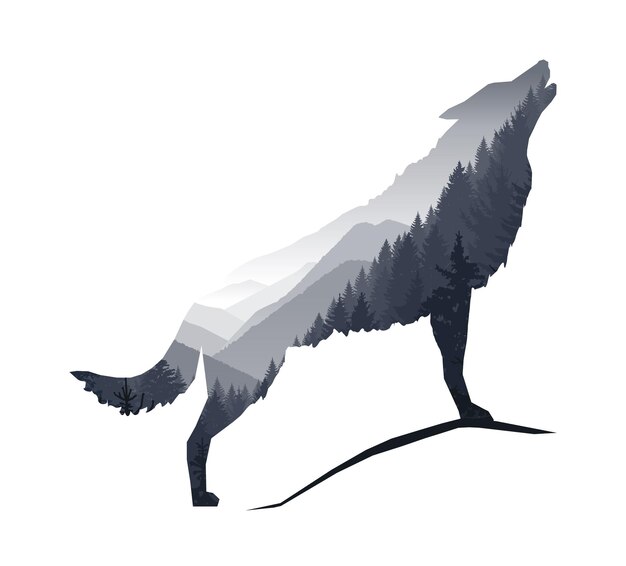 Silhouette D'un Loup Hurlant Avec Un Paysage De Montagnes Grises