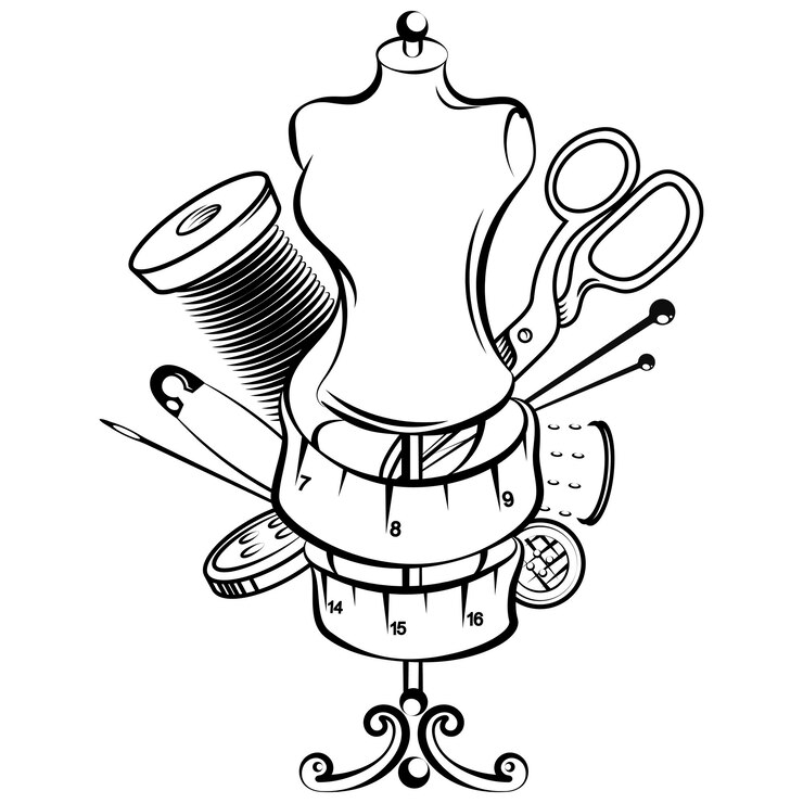 Vecteur silhouette de mannequin et un ensemble d'outils pour la couture conception pour un studio de couture et un tailleur