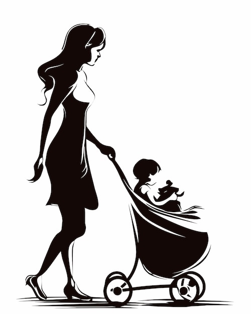 Silhouette D'une Mère Avec Un Bébé Dans Une Poussette.