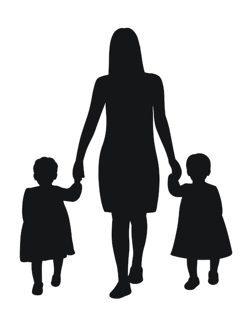 Vecteur silhouette de la mère avec des jumeaux famille marche mère et sœurs se tenant par la main vecteur isolé