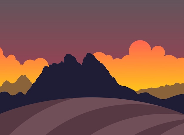 Vecteur silhouette de montagnes et champ au coucher du soleil