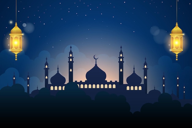 Vecteur silhouette de la mosquée avec des lanternes et un beau fond nocturne