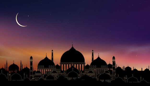Silhouette de mosquées sous un croissant de lune