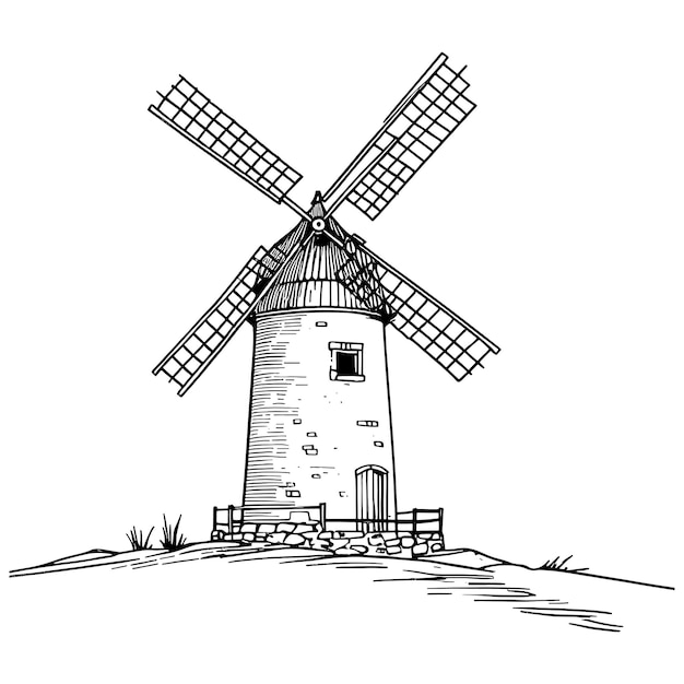 Vecteur silhouette d'un moulin rétro bannière de concept continu d'une ligne avec paysage avec moulin illustration vectorielle d'art linéaire