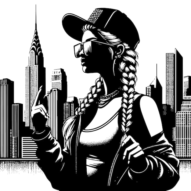 Vecteur silhouette en noir et blanc d'une fille hip-hop posant devant un horizon urbain
