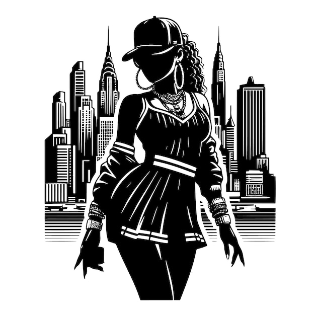 Vecteur silhouette en noir et blanc d'une fille hip-hop posant devant un horizon urbain