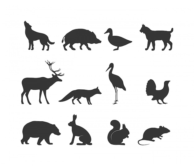 Silhouette noire d&#39;animaux sauvages et symboles d&#39;animaux sauvages