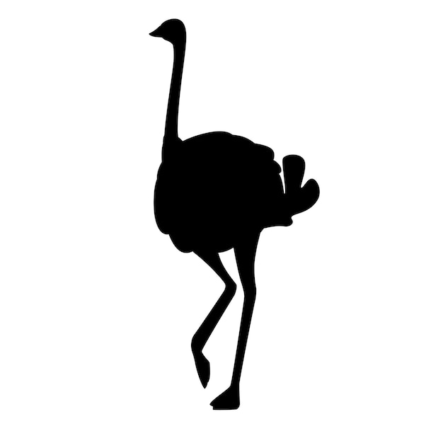 Silhouette noire autruche ute rester sur une jambe africaine oiseau incapable de voler dessin animé animal design plat illustration vectorielle isolée sur fond blanc.