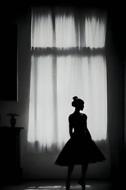 Vecteur silhouette noire d'une ballerine sur fond de fenêtre gris