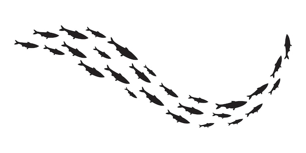 Silhouette noire d'un banc de poissons en forme d'onde isolée sur un fond blanc