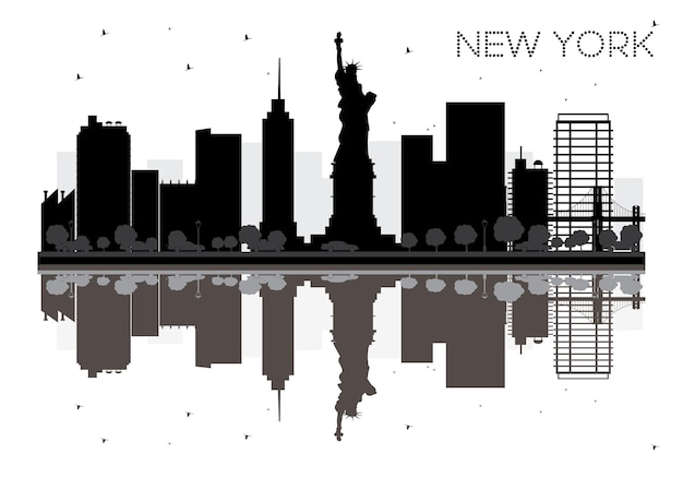 Silhouette Noire Et Blanche D'horizon De New York City Avec Des Réflexions. Illustration Vectorielle. Concept Plat Simple Pour La Présentation Touristique, La Bannière, La Pancarte Ou Le Site Web. Paysage Urbain Avec Des Points De Repère.