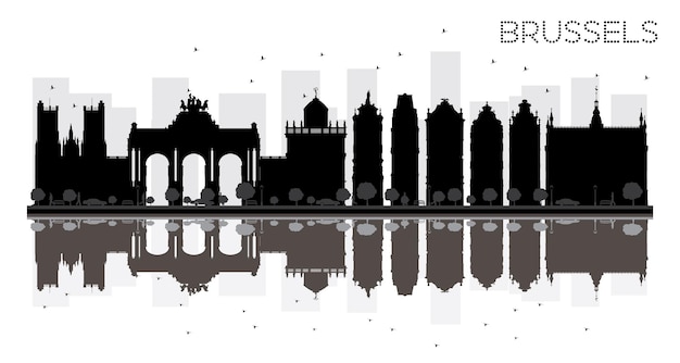 Silhouette Noire Et Blanche D'horizon De Ville De Bruxelles Avec Des Réflexions. Illustration Vectorielle. Concept Plat Simple Pour La Présentation Touristique, La Bannière, La Pancarte Ou Le Site Web. Paysage Urbain Avec Des Points De Repère.