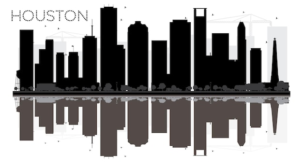 Vecteur silhouette noire et blanche d'horizon de ville de houston avec des réflexions. illustration vectorielle. concept plat simple pour la présentation touristique, la bannière, la pancarte ou le site web. paysage urbain avec des points de repère.