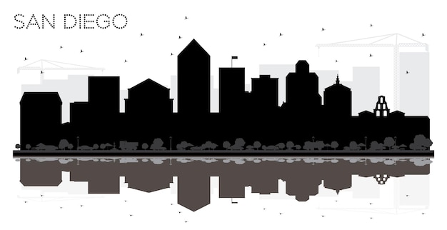 Silhouette Noire Et Blanche D'horizon De Ville De San Diego Avec Des Réflexions. Illustration Vectorielle. Concept Plat Simple Pour La Présentation Touristique, La Bannière, La Pancarte Ou Le Site Web. Paysage Urbain De San Diego Avec Des Points De Repère.