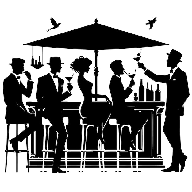 Vecteur silhouette noire et blanche d'une scène de bar d'hôtel avec des invités homme et femme