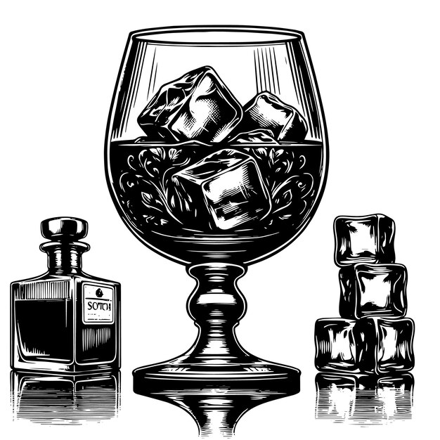 Vecteur silhouette noire et blanche d'un whisky écossais en verre sur les rochers