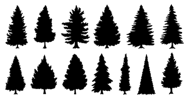 Silhouette noire de collection d'arbres de Noël d'isolement sur le fond blanc a placé le symbole de vacances d'hiver