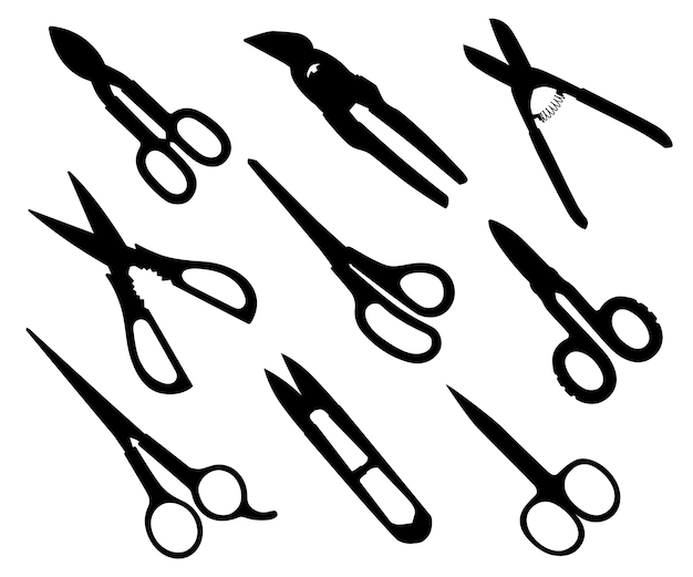 Silhouette Noire. Collection De Différents Modèles De Ciseaux. Outils De Coupe à Main, Cisailles D'équipement Pour Coiffeur, Jardinage, Médical. Illustration Sur Fond Blanc