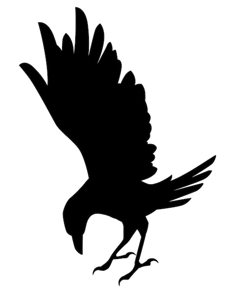 Silhouette noire corbeau oiseau dessin animé corbeau design plat vecteur animal illustration isolé sur fond blanc