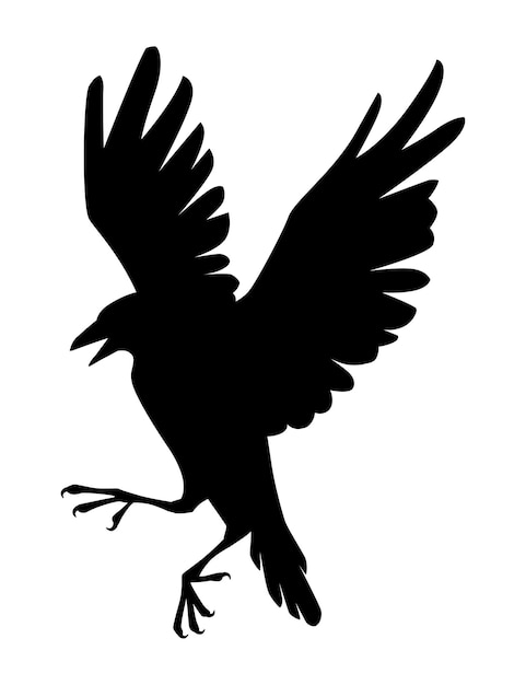 Silhouette noire corbeau oiseau dessin animé corbeau design plat vecteur animal illustration isolé sur fond blanc