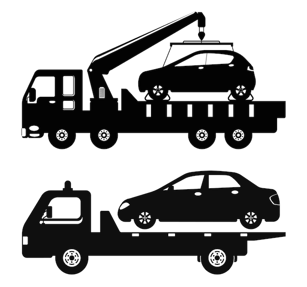 Vecteur silhouette noire de dépanneuse remorquage voiture camionnage véhicule transport remorquage