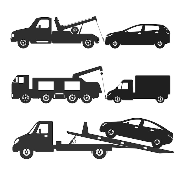 Vecteur silhouette noire de dépanneuse remorquage voiture camionnage véhicule transport remorquage