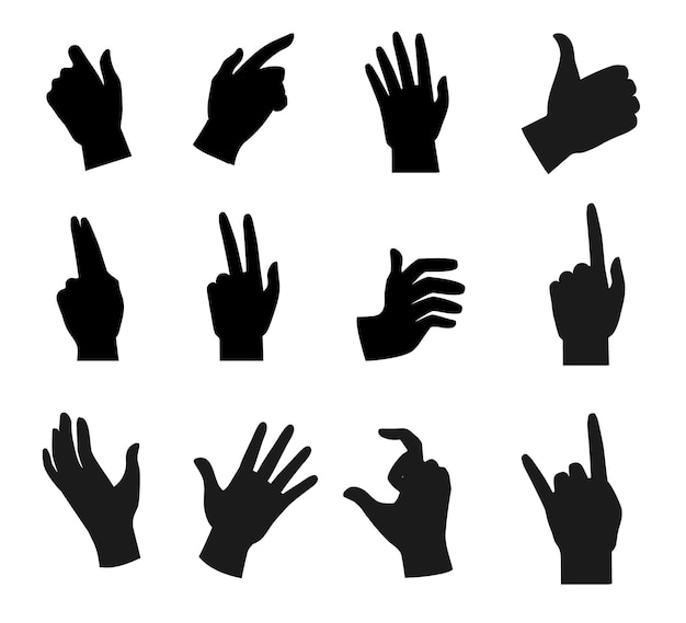 Vecteur silhouette noire du geste diverses personnes mains poings paume isolé sur fond blanc