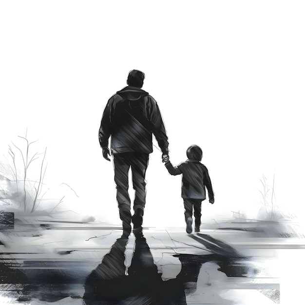 Silhouette noire du père avec son fils sur fond blanc