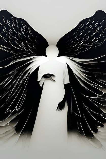 Silhouette noire d'une femme comme ange sur fond blanc
