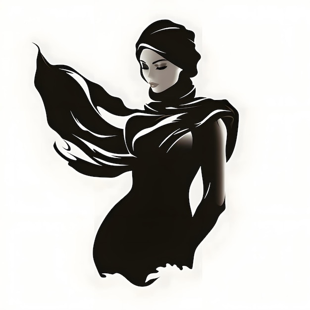 Silhouette Noire D'une Femme Avec Foulard Sur Fond Blanc