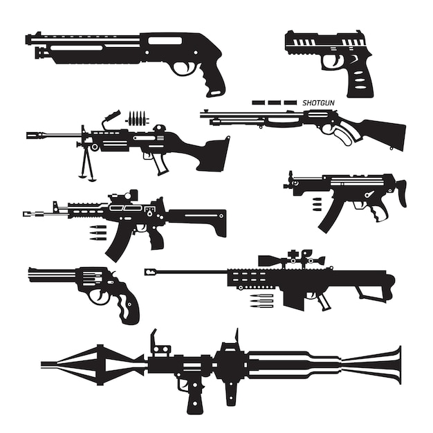 Silhouette noire d'un fusil arme militaire arme de poche de l'armée isolée sur fond blanc