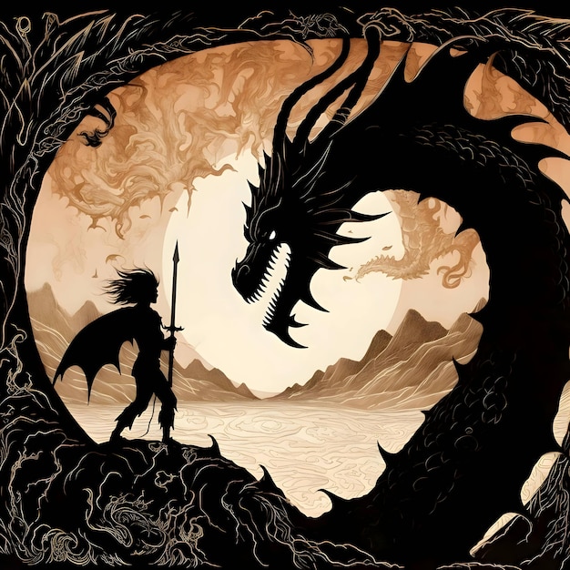 Silhouette noire d'un guerrier et d'un dragon sur fond clair