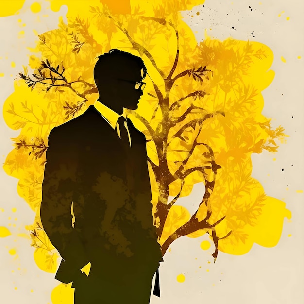 Vecteur silhouette noire d'un homme avec des lunettes sur fond d'arbre jaune