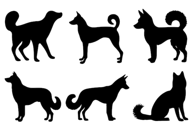 Silhouette noire isolée d'une collection de chiens Ensemble de vecteurs de silhouette de chiens Chiens et chiots de différentes races Corgi golden retriever pose assis debout saut