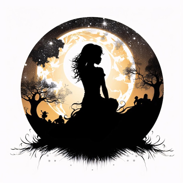 Vecteur silhouette noire d'une jeune femme sur le fond d'une grande lune dans un cercle