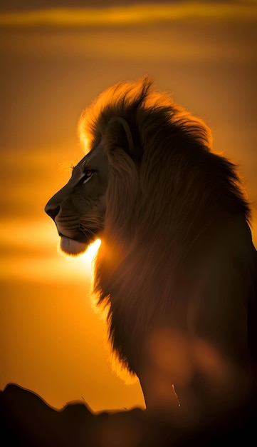 Vecteur silhouette noire d'un lion sur fond coucher de soleil