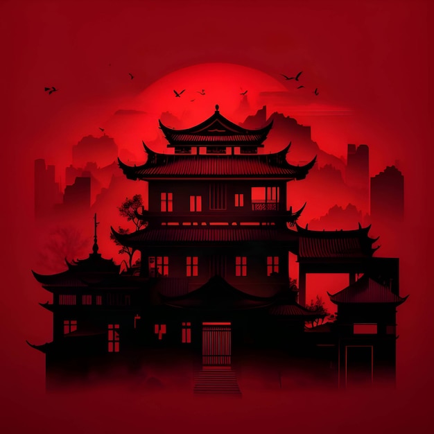 Silhouette noire d'une maison de style chinois sur fond rouge