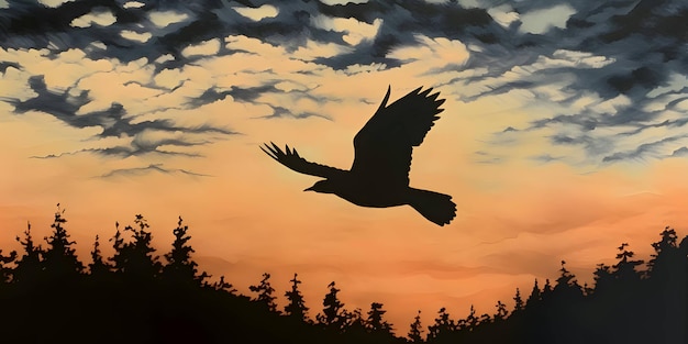 Vecteur silhouette noire d'un oiseau volant sur fond de coucher de soleil