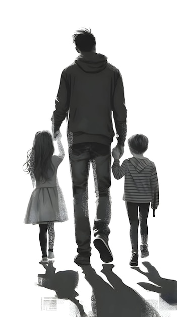 Vecteur silhouette noire d'un père avec deux enfants sur fond blanc