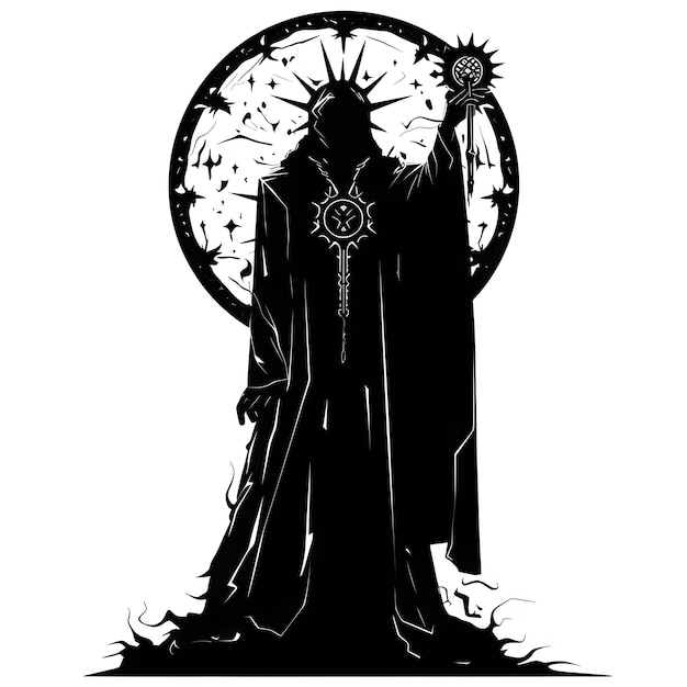 Vecteur la silhouette noire d'un sorcier sur un fond blanc