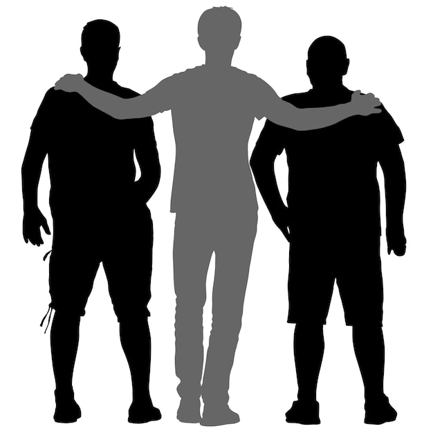 Vecteur silhouette noire trois hommes debout embrassant sur fond blanc