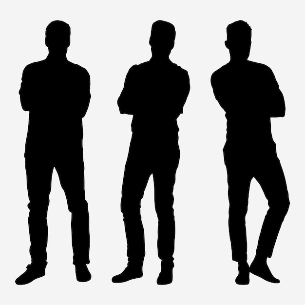 Vecteur une silhouette noire de trois hommes avec leurs bras croisés