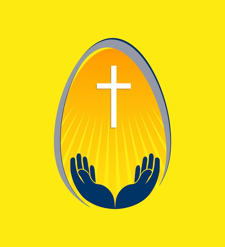 Vecteur silhouette d'oeuf de pâques en vol stationnaire jaune avec élément de conception croix et mains