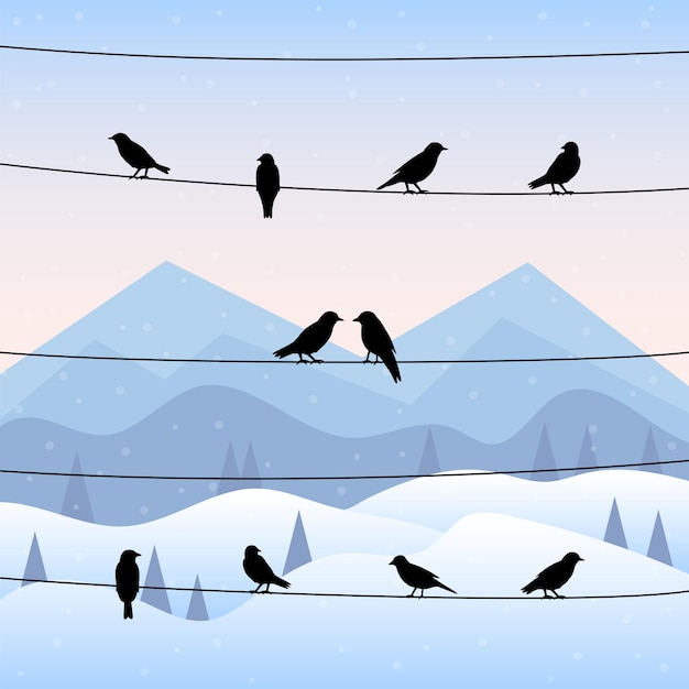 Vecteur silhouette d'oiseaux sur des fils en fond d'hiver. illustration vectorielle.