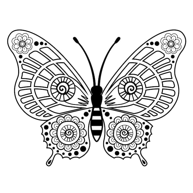 Silhouette De Page De Livre De Coloriage De Vecteur De Papillon élégant Dans Le Style De Mandala Isolé Sur Backgro Blanc