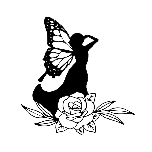 Vecteur une silhouette de papillon avec une fleur dessus.