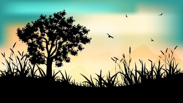 Silhouette De Paysage Avec Un Arbre Au Coucher Du Soleil Illustration Vectorielle De Fond