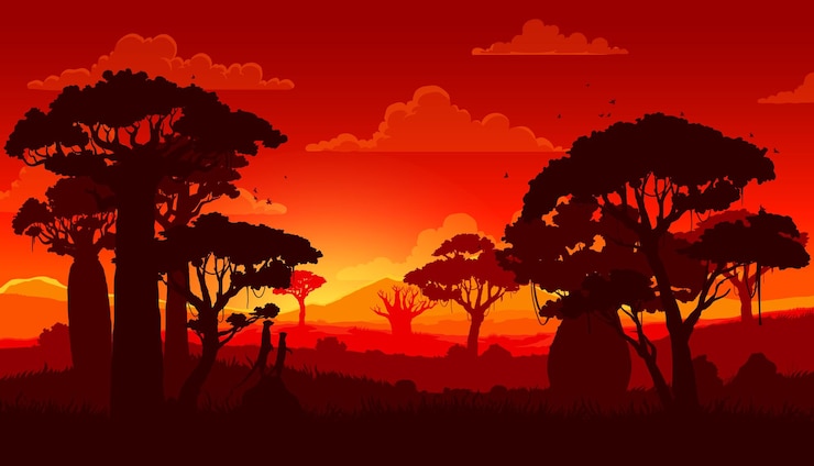 Vecteur silhouette de paysage coucher de soleil savane africaine